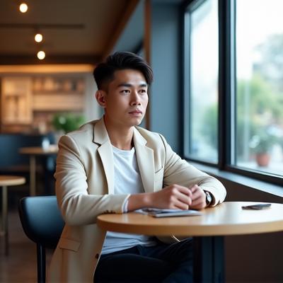 Pria memakai blazer casual di kafe