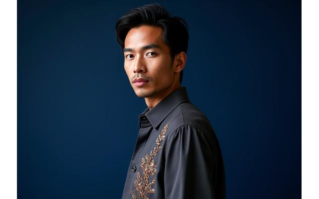 Pria memakai kemeja Adhipati Kebaya dengan sentuhan motif tradisional Jawa
