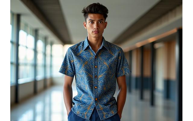Model pria mengenakan kemeja batik modern dengan motif geometris