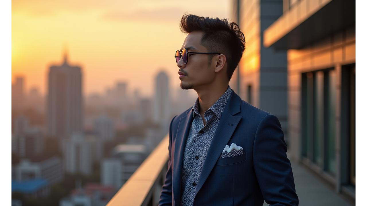 Pria Indonesia modern mengenakan pakaian stylish dari brand lokal dengan latar belakang urban Jakarta yang semarak.