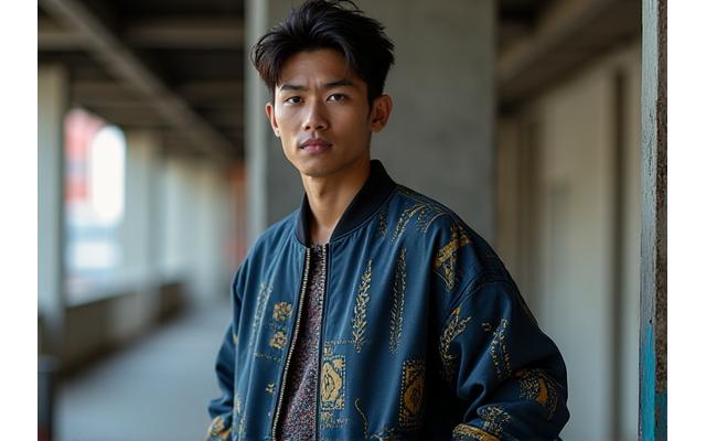 Model pria mengenakan jaket bomber eksklusif dari kolaborasi Prima x Urban Stitch
