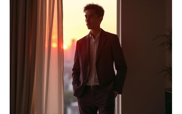Pria mengenakan setelan blazer kasual dari Senja Menswear saat matahari terbenam