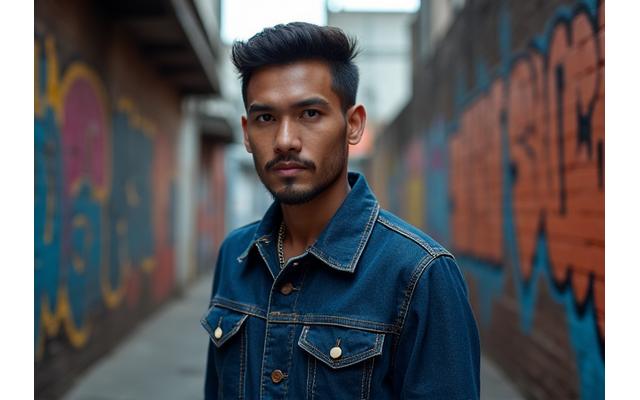 Pria memakai jaket denim yang didesain urban stitch