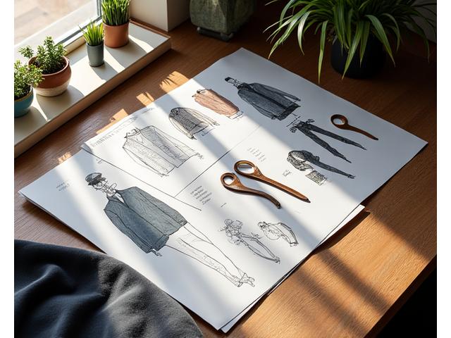 Sketsa desain fashion modern di atas meja kerja desainer.