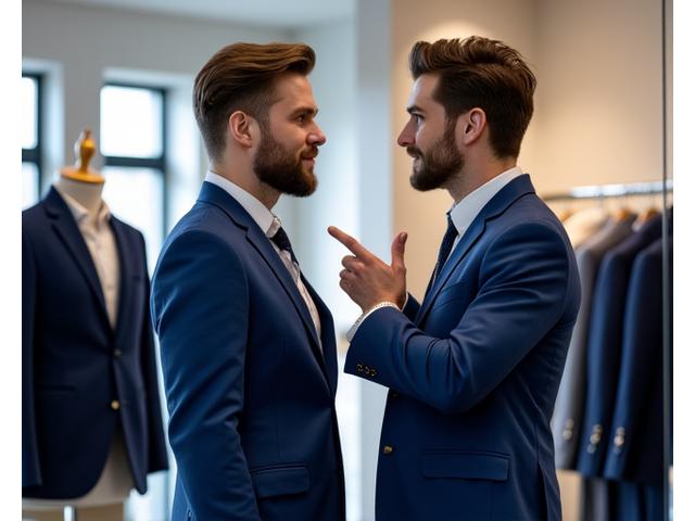 Pria sedang mencoba blazer di butik, dibantu oleh stylist.