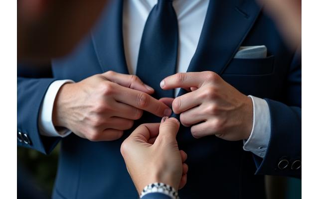 Desainer mengulas detail jahitan dengan klien dalam sesi tailoring.