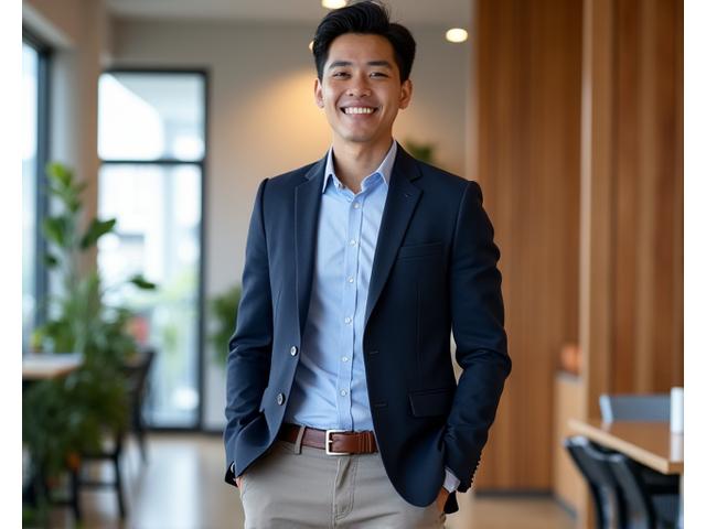 Pria mengenakan celana chino, kemeja oxford biru muda tanpa dasi, dan blazer navy di ruang kerja yang modern dan santai.