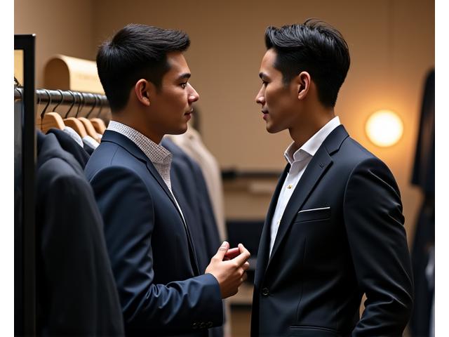 Seorang penata gaya pria profesional mendiskusikan opsi pakaian kerja dengan seorang klien di butik, dengan pakaian formal yang digantung di latar belakang.
