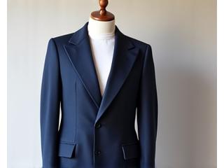 Pria muda bergaya mengenakan blazer navy dan kemeja putih kasual, bersandar santai di dinding bata ekspos dengan pencahayaan hangat