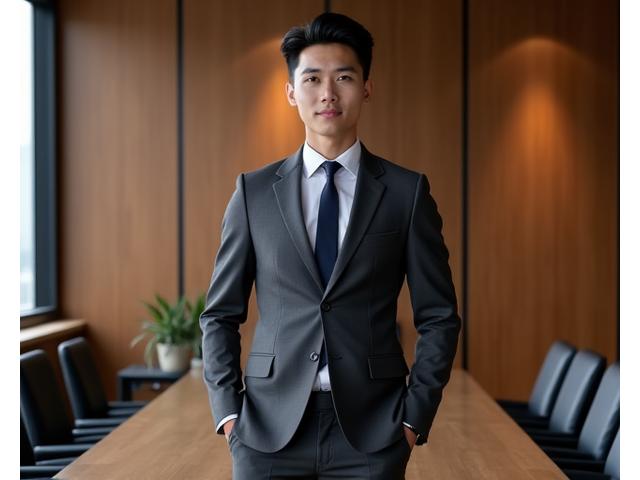 Pria mengenakan setelan jas abu-abu, kemeja putih, dasi biru tua, dan sepatu kulit mengkilap di lingkungan kantor formal.