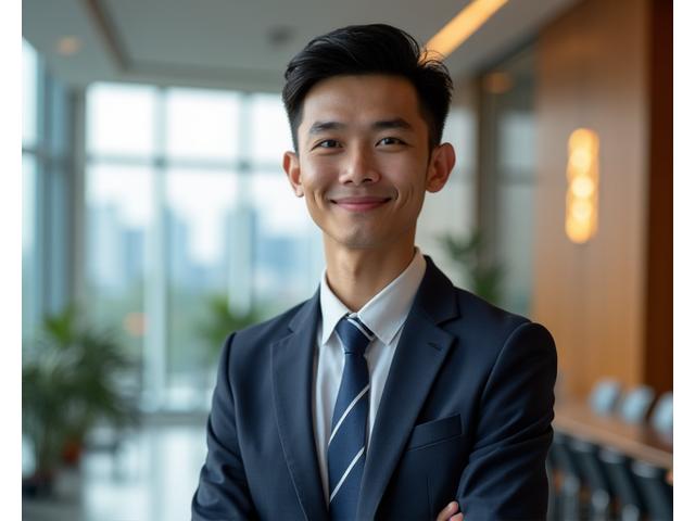 Seorang pria profesional muda Indonesia sedang tersenyum percaya diri dalam setelan elegan di lobi kantor modern dengan pemandangan kota Jakarta