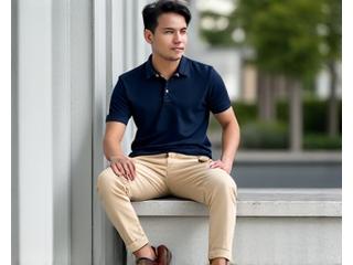 Pria muda berkemeja polo dan celana chino dengan sepatu loafers, tampilan santai namun terawat.