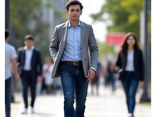 Pria mengenakan kemeja oxford, jeans gelap rapi, dan blazer unconstructed dengan sneakers kulit putih, tampilan modern kasual.