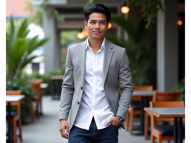 Pria dengan jeans gelap, kemeja linen putih, dan blazer tidak berstruktur di kafe co-working space yang stylish.