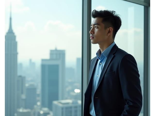 Pria profesional mengenakan setelan jas di kantor modern