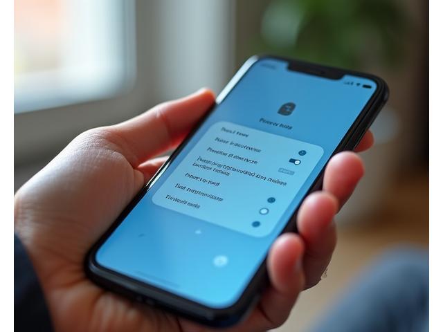 Tangan memegang smartphone dengan ikon antarmuka user yang menggambarkan pilihan privasi dan kontrol data.