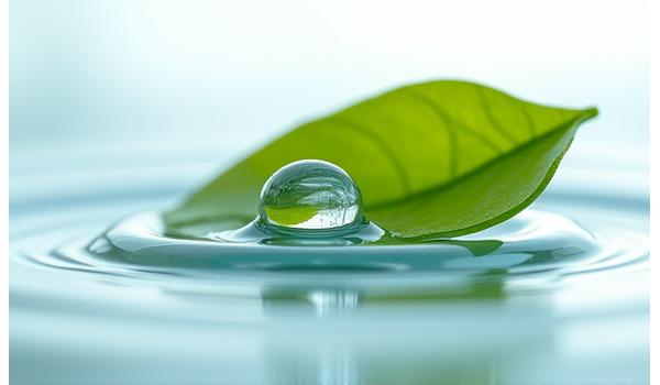 Tetesan air di atas daun hijau, simbol penghematan air dalam produksi.