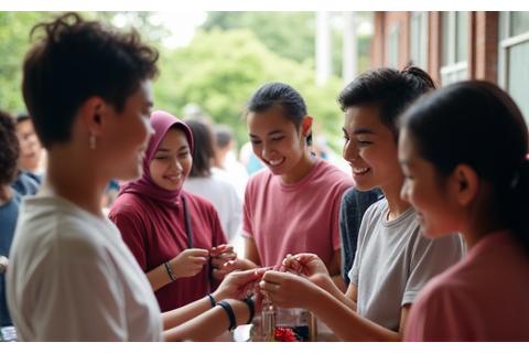 Sekelompok orang berinteraksi di acara tukar pakaian dengan tawa dan kegembiraan.
