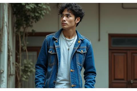 Pria mengenakan denim yang didesain ulang atau upcycled, menambahkan sentuhan personal.