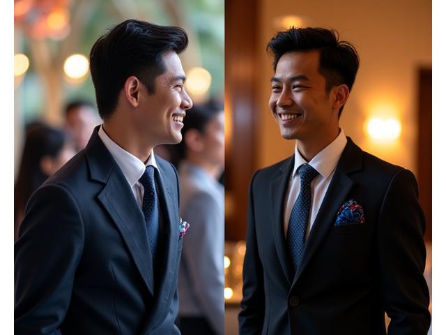 Foto sebelum dan sesudah Andreas, menampilkan peningkatan gaya untuk acara sosial.