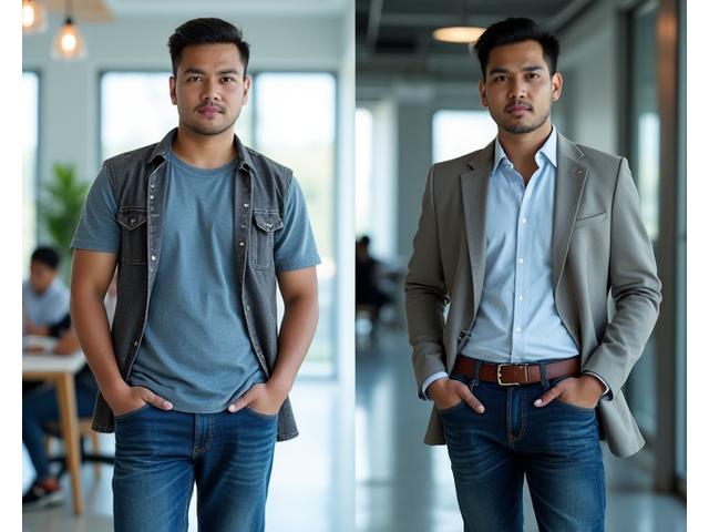 Foto sebelum dan sesudah Arya, menunjukkan perubahan gaya dari kasual menjadi lebih terarah dan stylish.
