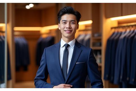 Pria tersenyum percaya diri setelah transformasi gaya, latar belakang butik mewah