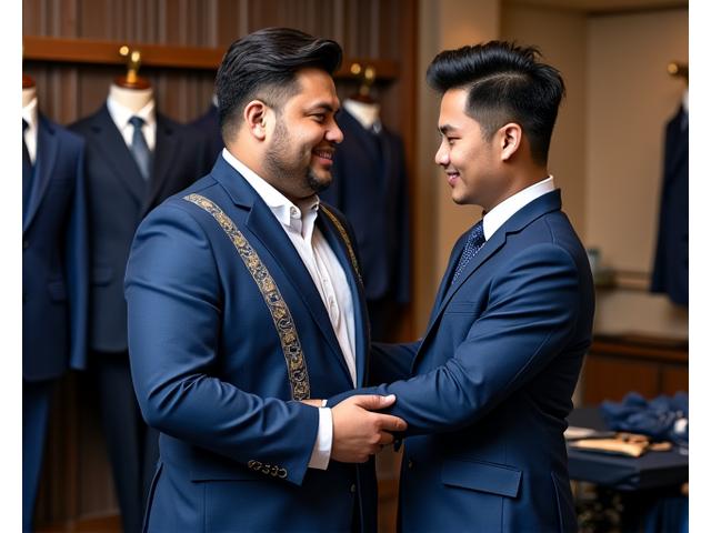 Pria sedang diukur untuk jas, menunjukkan layanan personal fitting untuk ukuran besar.