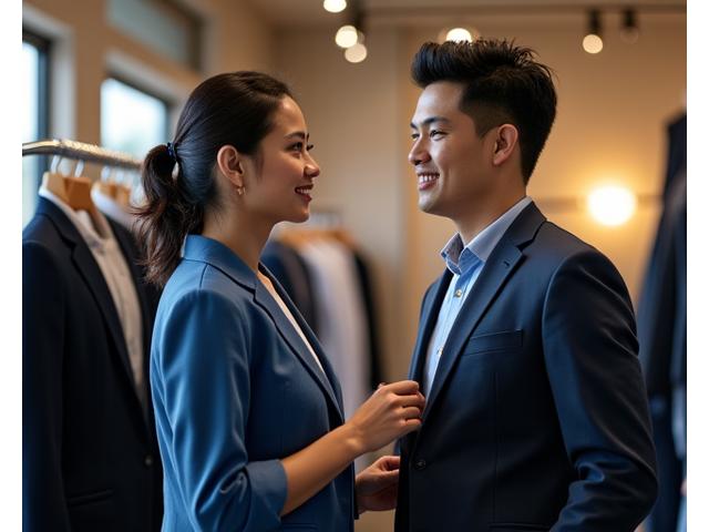 Seorang stylist sedang membantu pria plus size memilih pakaian di butik.