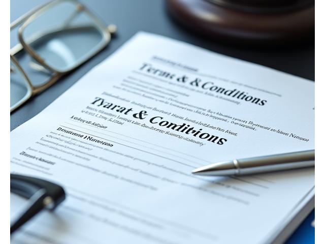 Tampilan dekat dokumen hukum dengan penekanan pada tulisan 'Terms & Conditions', menandakan kejelasan dan aturan.