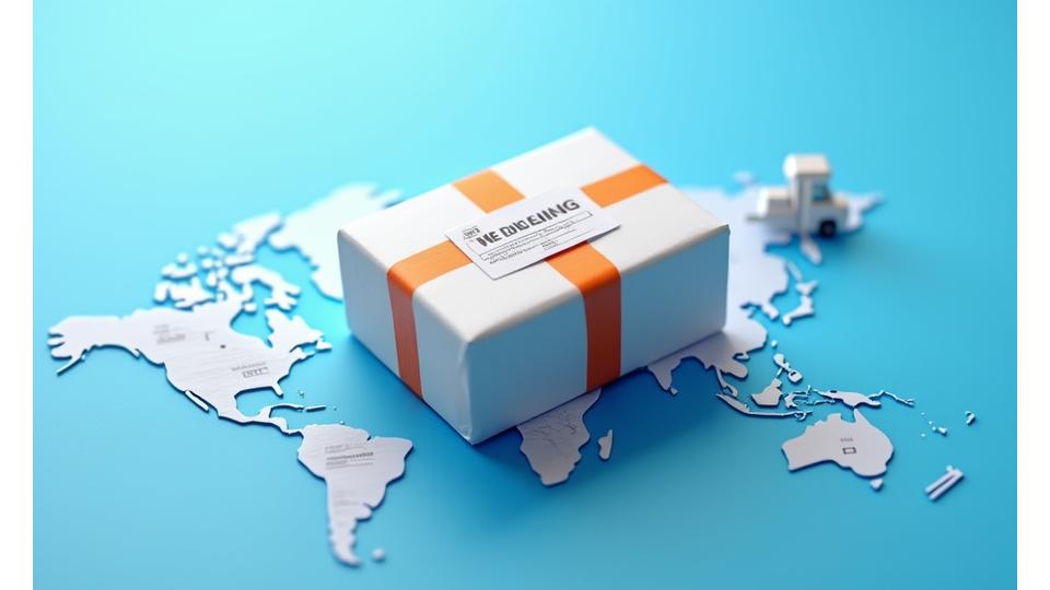 Tampilan paket yang disegel dengan label pengiriman di atas peta dunia yang berwarna-warni, menunjukkan jangkauan pengiriman global. 