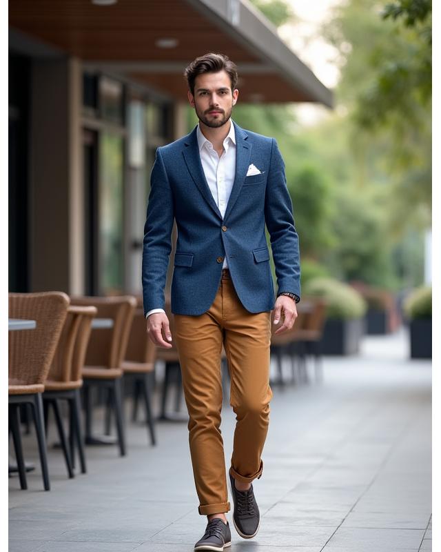 Blazer kasual custom fit pria dengan celana chino