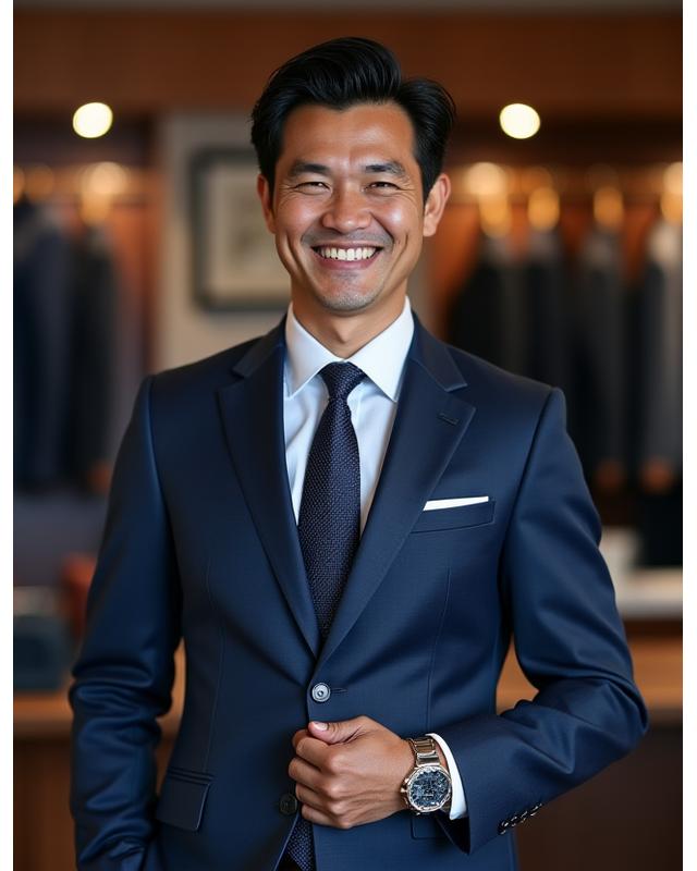 Klien tersenyum gembira setelah fitting jas bespoke