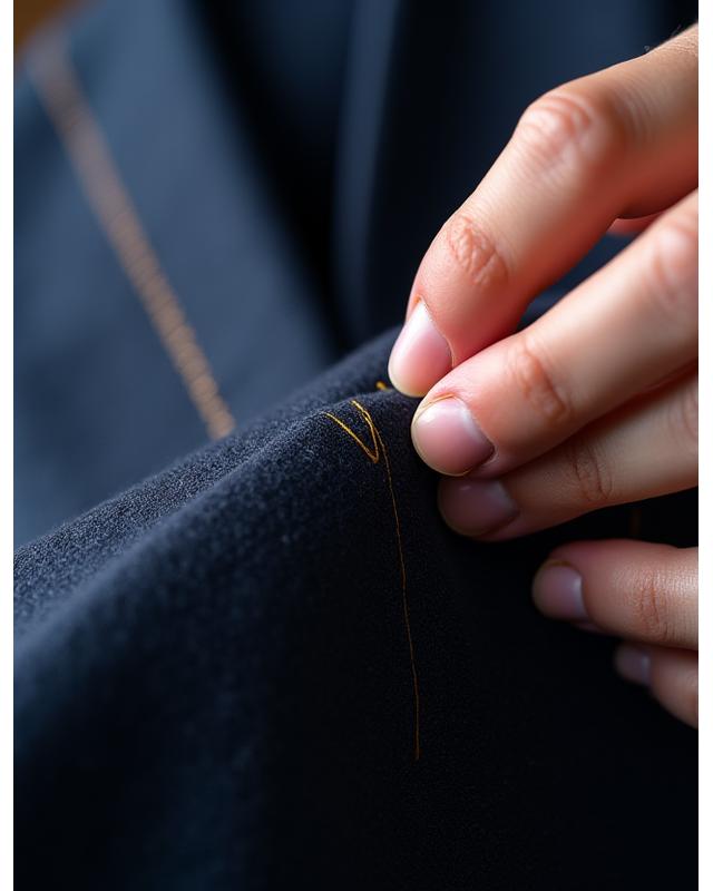 Detail jahitan lapel jas dengan tangan ahli