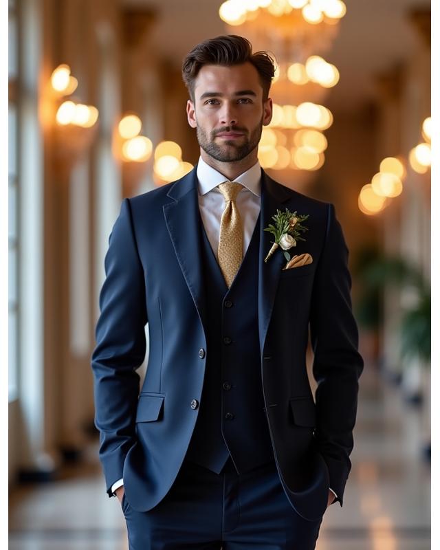 Setelan jas pengantin pria berwarna biru navy