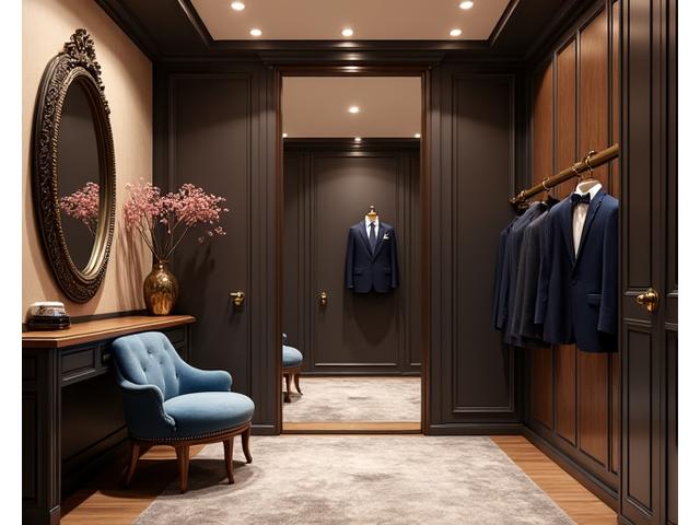 Ruang ganti pribadi yang elegan dengan cermin besar dan pencahayaan hangat.