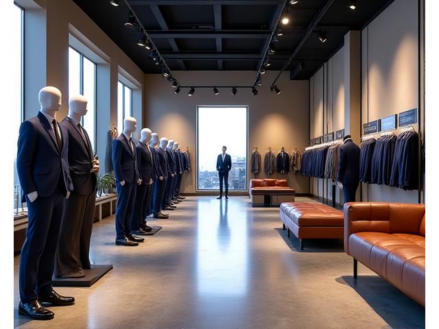 Interior showroom Gaya Busana Pria yang mewah dan modern dengan manekin berbalut jas.